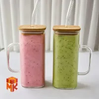 لیوان اسموتی شیشه‌ای دسته‌دار